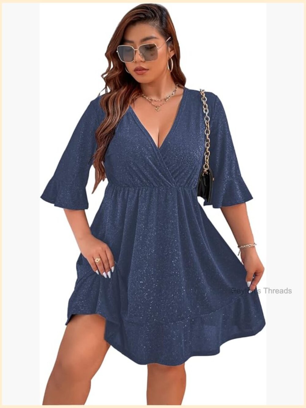 V Neck 3/4 Sleeve Sparkly Cocktail Plus Size Evening Dress